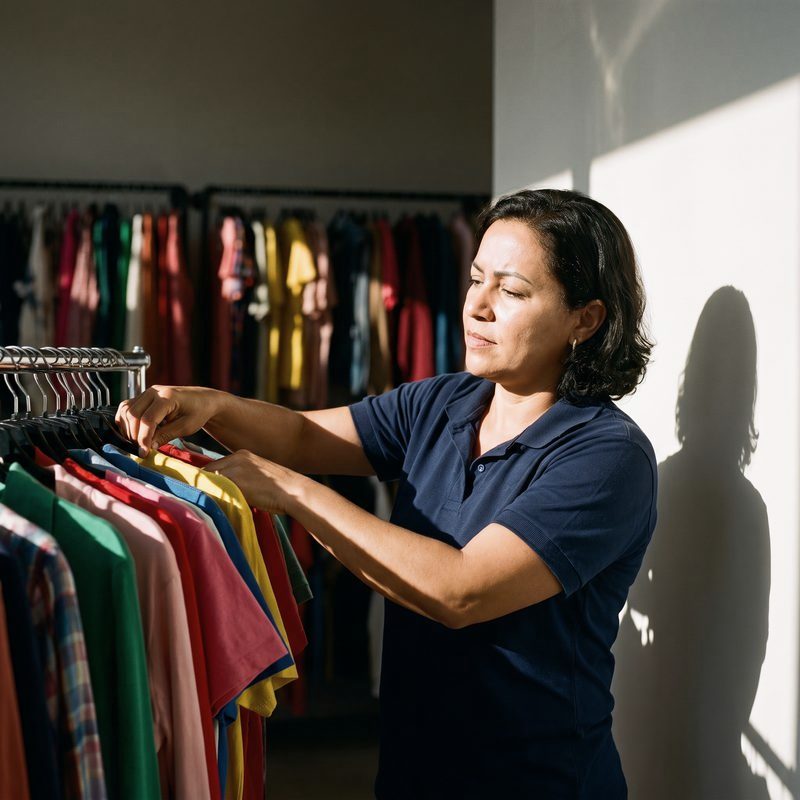 Vendedora organizando roupas em loja de bairro